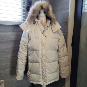 L.L. Bean White Puffer Jacket with Fur Hood